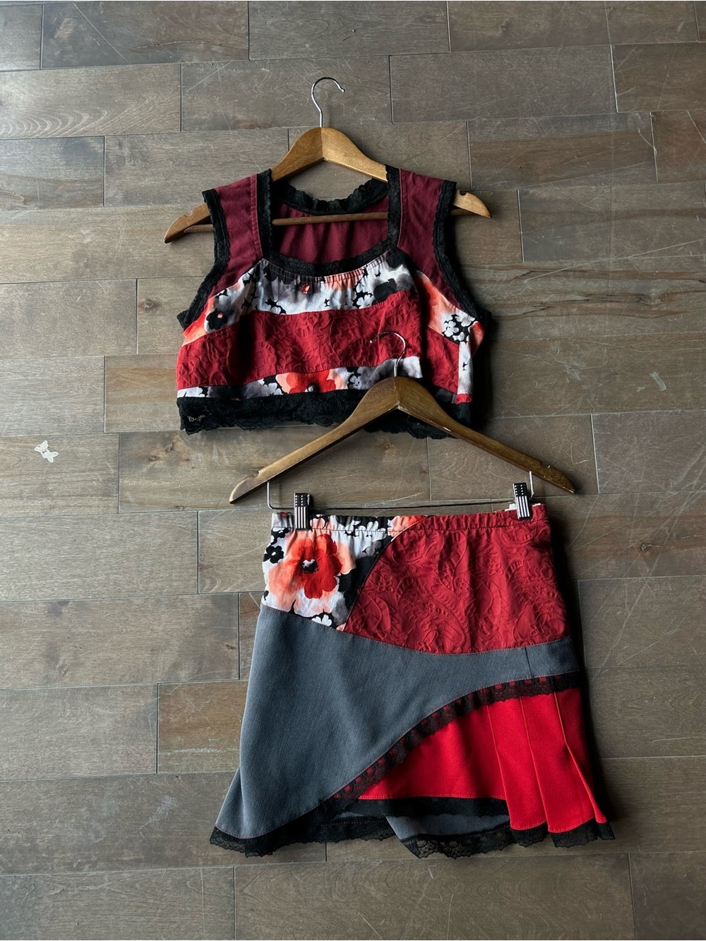 Red Floral Patchwork Crop Top and Skirt Set